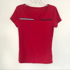 Tommy Hilfiger Red V-Neck Tee with Stripes